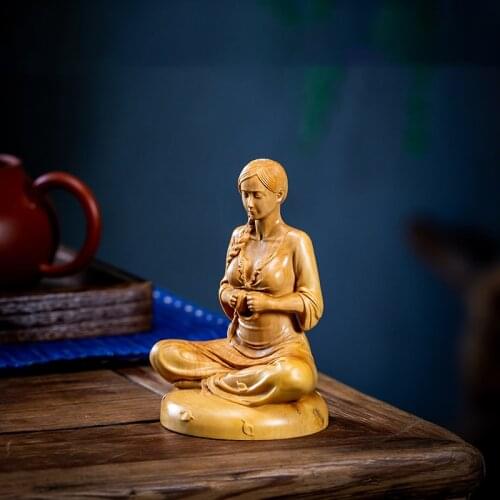 10cm Boxwood Home Decor Meditation Girl Wood Statue Beauty Figure Statue Chinese Folk Traditional Crafts Wood Sculpture