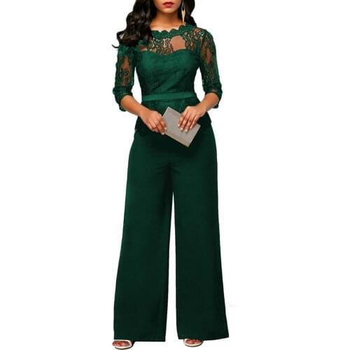 Elegant Women 3/4 Sleeve Lace Stitching Top Wide Legging Pants Party Jumpsuit