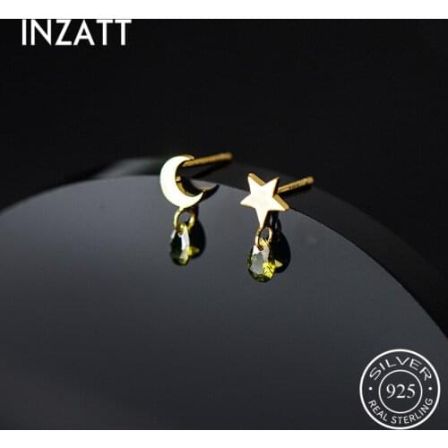 INZATT Real 925 Sterling Silver Moon Star Crystal Stud Earrings For Fashion Women Party Asymmetry Cute Fine Jewelry Accessories