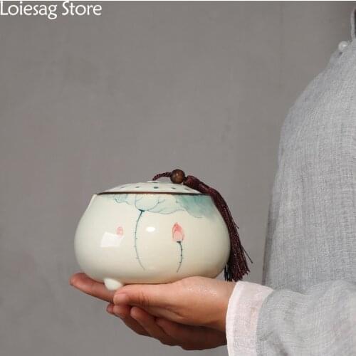 Loiesag Hand Painted Lotus Ink Wash Style Tea Cans Ceramic Tea Caddy Small Candy Spice Storage Jar Sealed Tea Warehouse Tea Cans