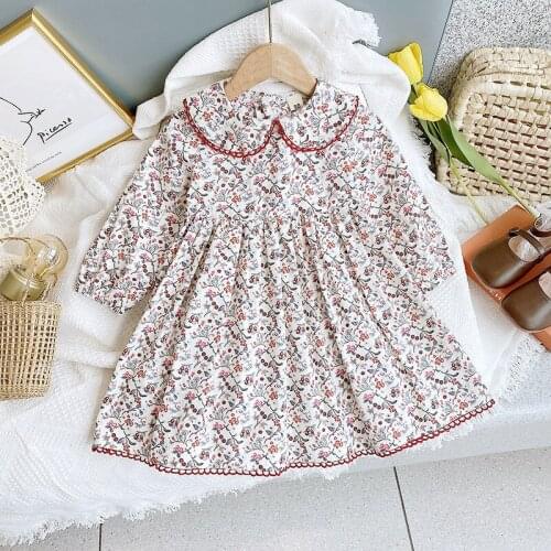 Grils Flower Sweet Dresses Baby Cotton Princess Vestidos Children Full Sleeve Floral Costumes Fashion Vintage Style Clothes 2-6Y