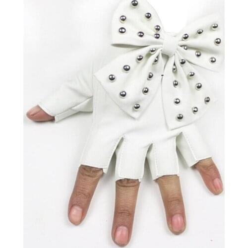 Fashion Female Half Finger Punk Rivet Dance Gloves Women Sport Fitness PU Leather Bow Mittens Luva Tactical Fingerless Glove S83