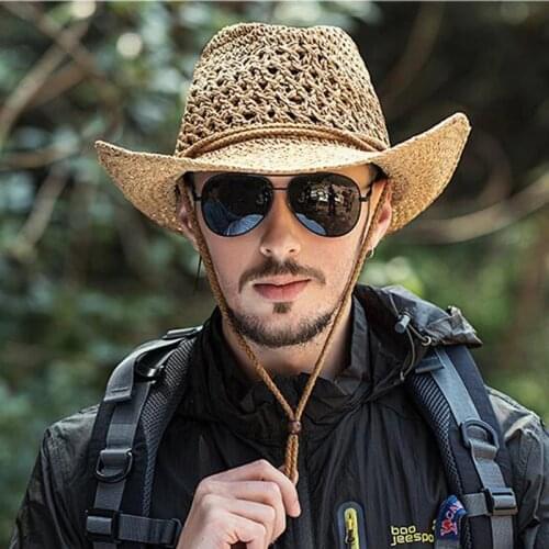 Outdoor Cowboy Hat Mens Summer Hand-made Cowboy Straw Cap Male Casual Fishing Climbing Sun Protection Breathable Hats H7260