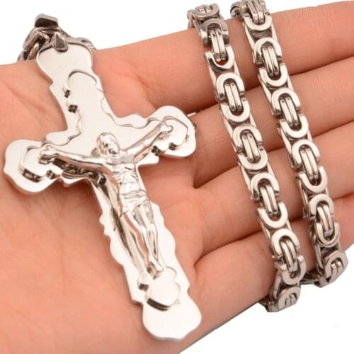 New Arrive Mens Silver Color Stainless Steel Big Religious Jesus Christ Cross Pendant Byzantine Necklace 18"-30"