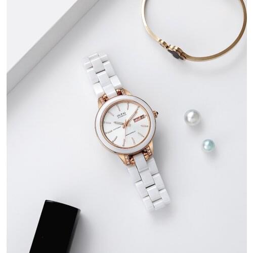 OUPAI 2021 New Arrival Automatic Fashion and Cause Watch Lady With week Calendar Waterproof White Ceramic Bracelet