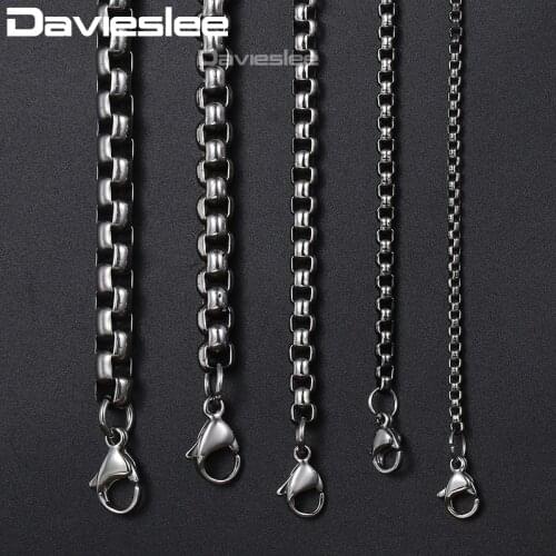 Davieslee Mens Necklace Chain Gunmetal Tone Stainless Steel Round Box Link Wholesale Necklace for Men Fashion 2/3/4/5/6mm LKNM06