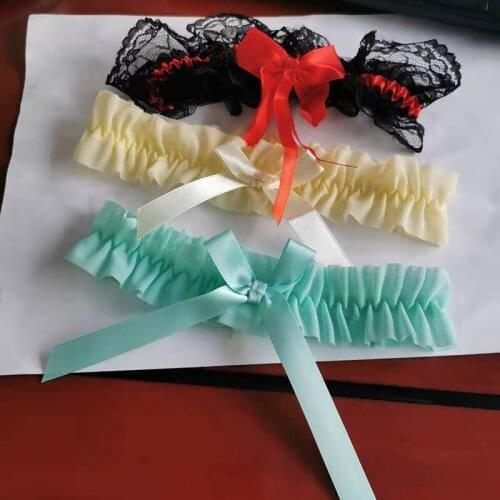 Sexy Kawaii Lolita Lace Floral Mesh Frill Wedding Garter Bridal Accessories Green Pink Party Cosplay Leg Garter Belt with Bow