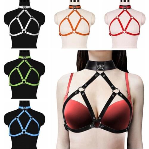 PU Leather Harness Hanging Neck Fetish Lingerie For Women Body Bondage Cage Bra Body Garters Suspender Belt Gothic Style