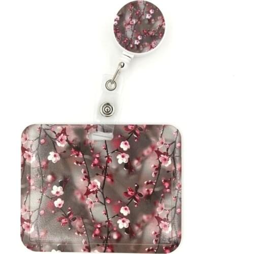 Cherry Plum blossom Tree Flowers Card Holder Women Men Business Lanyard Badge Card Case Women Card Cover Student Lanyard ID Nam