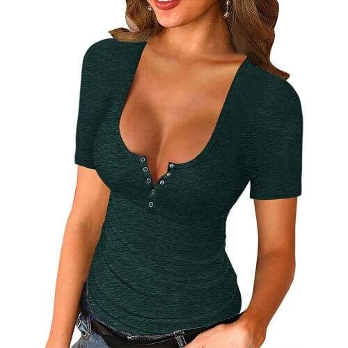 2021 Womens Basic Blouse Sexy Top Elasticity Soild Color Low Cut With Button Down Tight Slim Fitted Tops Blouses Et Chemises