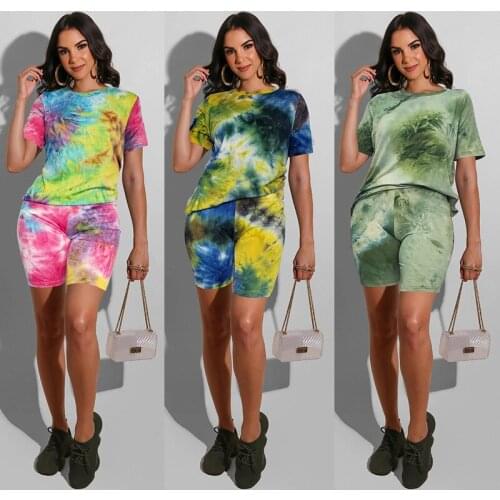 2021 Spring and Autumn Womens Tie-Dye Two-Piece Short-Sleeved Blouse European and American Sexy High Waist Suit