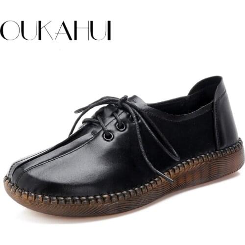 OUKAHUI 2020 Spring Autumn Handmade Genuine Leather Flat Casual Shoes Woman Low Heel 2.5cm Soft Bottom Lace Up Female Shoes Flat