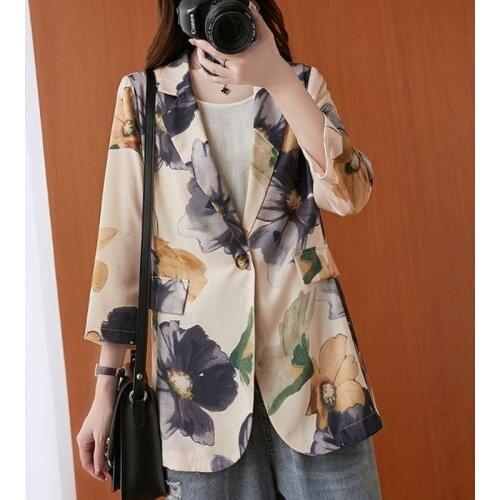 2021 Spring Mid-Length Blazers Three-Quarter Sleeves Cardigan Suit Printed Blazer Women Loose Top Jacket