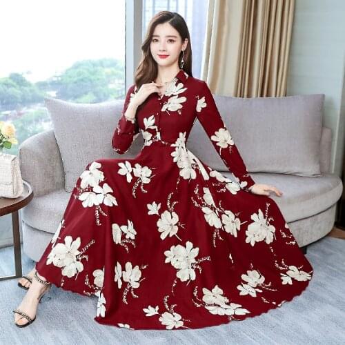 2019 Autumn New Arrival High Quality Elegant Flower Printed Turn-down Collar Woman Chiffon Long Dress
