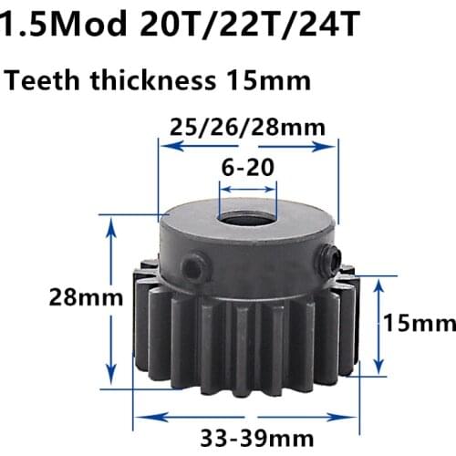 1.5M 20T 22T 24T High frequency blackening Spur Gear pinion teeth width 15mm 1.5mod gear rack 20teeth bore 6-20mm