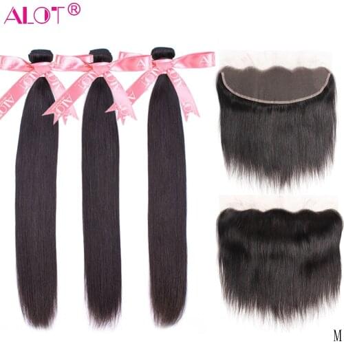 13x4 Lace Frontal Closure With Bundles Brazilian Straight Hair With Ear To Ear Frontal Non-Remy Human Hair Weave With Closure
