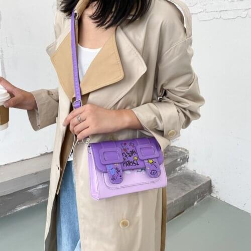 2021 Fashion Graffiti Painted Crossbody For Women PU Leather Belt Buckle Small Square Bag Contrast Color Flap Messenger Bag