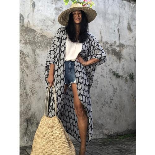 2021 Bikini Cover-ups Black Retro Striped Self Belted Women Summer Kimono Dress Beach Wear Swim Suit Cover Up Q1225