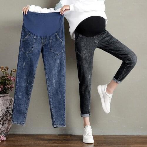 Maternity Jeans For Pregnant Women Abdominal Pants Pregnancy Clothes Spring Autumn Elastic Waist Denim Trousers Black Blue
