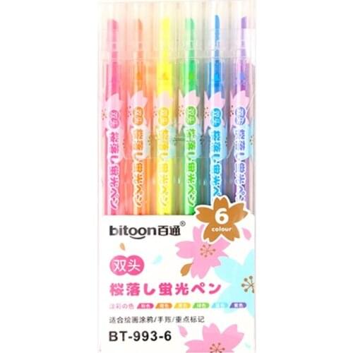 6 Pcs/Set Fluorescent Highlighters Double-headed Design Assorted Colors Cute Stationery Pastel Drawing Painting Pens C7AB