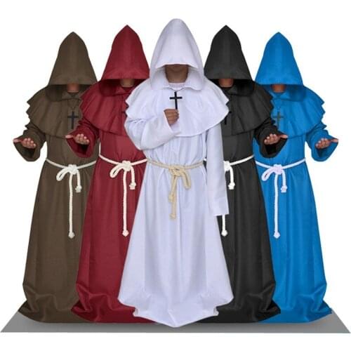 Halloween Friar Priest Costume Clothes Sets Halloween Fancy Cosplay Medieval Monk Cowl Robe Set Wizard Polyester Anime For Men