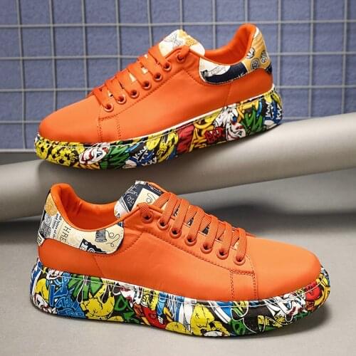 High Quality Genuine Leather Mens Casual Sneakers Orange Graffiti Printed Designer Shoes Men Couples Platform Sneakers for Men