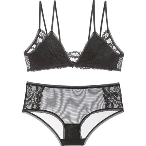 Lace Sexy Plunge Front Closure Underwear Ultra Thin Cotton Lined Bra and Panty Set Wireless Small Breasts Girls Lingerie Women