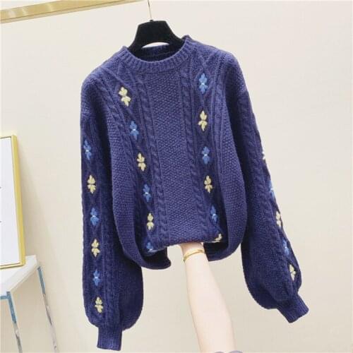 Lazy Wind Retro Loose Wear Sweater Women Fall/winter Joker Sweaters Knitting Coat Girls Lady Sweet Embroidery Flower Pullovers