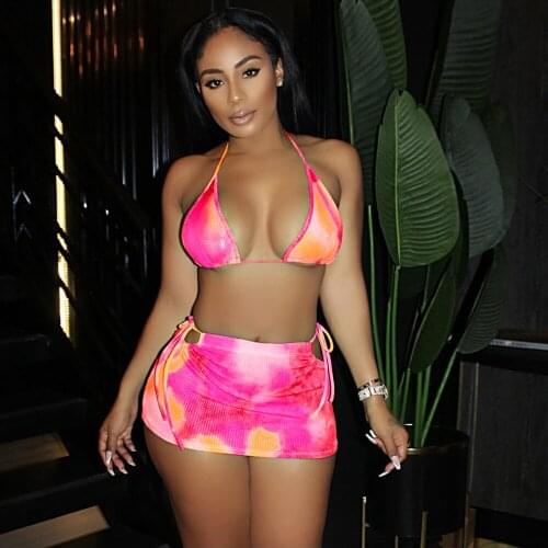 Echoine Summer Tie Dye Print Bra Crop Top Mini Skirt Sexy Beach Swimwear Lace Up Halter Backless Top Matching Set Bikini Bath