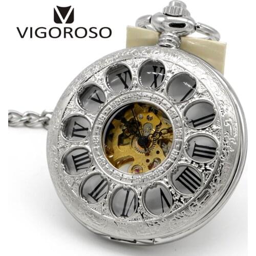 Steampunk Mens Hand Wind Mechanical Pocket Watch Silver Steel Roman numerals Vintage Skeleton Pocket Watch FOB Chain Fashion