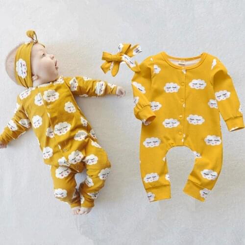 Lovely Newborns Baby Clothing Sets Print Pure Cotton Long Sleeve Jumpsuit Plus Headband Infant Toddler Clothes