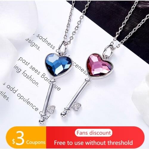 AGATA Silver 925 Neckalce Blue Purple Crystals Fine Heart Key Pendant 925 Sterling Silver Necklace for Women Party Jewelry
