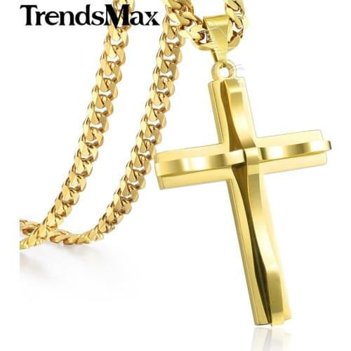 Trendsmax Cross Pendant Necklace Mens Chain Stainless Steel Curb Cuban Link Black Gold Silver Color Gift Jewelry KKPM137