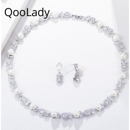 QooLady New Arrival Silver Color Cute Small Simulated Pearl Bridal Wedding Choker Necklace Earrings Jewelry Set for Women S064