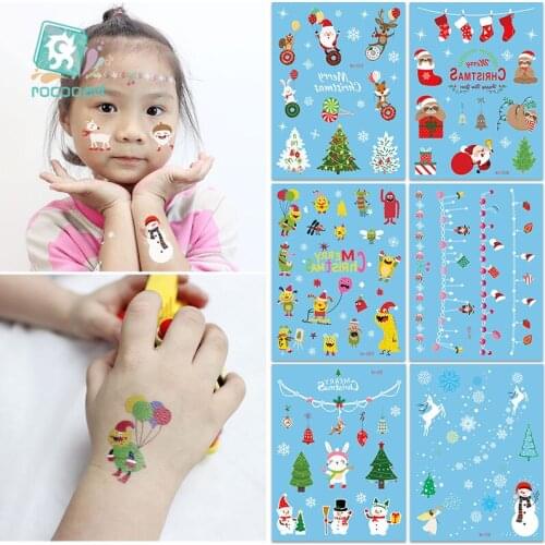 Rocooart Christmas Temporary Tattoo Stickers Snowman Elk Tattoo For Children Party Waterproof Fake Tatto Kids Face Hands Taty
