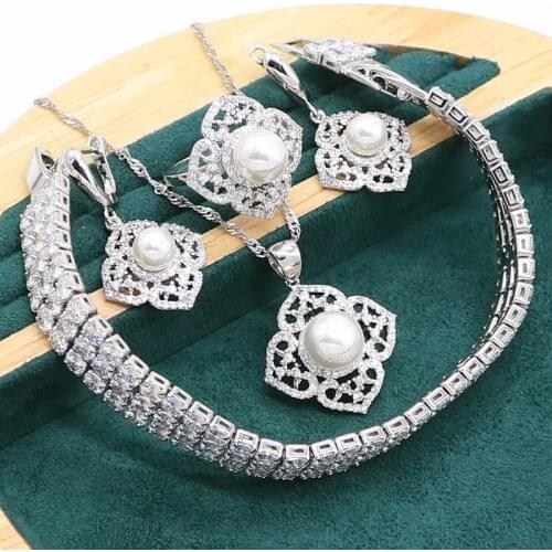 White Pearl 925 Sterling Silver Jewelry set for Women Zircon Bracelet Earrings Necklace pendant Ring