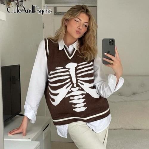 Vintage Skeleton Print Y2K Knit Sweater Vests V-neck Chic Loose Cute Pullovers Streetwear Aesthetic 90s Knitwear Cuteandpsycho