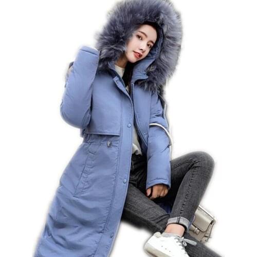 2019 New Winter Women Down Jacket Female Hooded Large Fur Collar Medium-Long Winter Jacket With Sashes Thicken Parkas Top Q1179