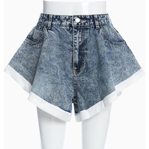 Women High Waist Denim Short Wide Leg Contrast Color Loose Casual Sexy Hot Jeans Short