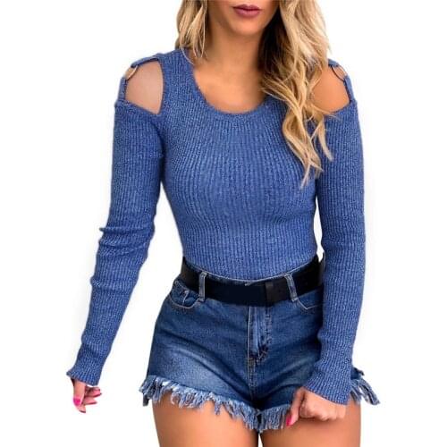 Sexy Hollow out Off Shoulder Slim Women Sweater Autumn Winter 2021 New Long Sleeve O-Neck Blue Female Casual Slim Pullover Tops