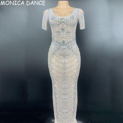 Women Sexy Stage Stones Pearls Mesh Dress Birthday Celebrate Short Sleeves Dress Women Dance Prom Outfit Dance Dresses