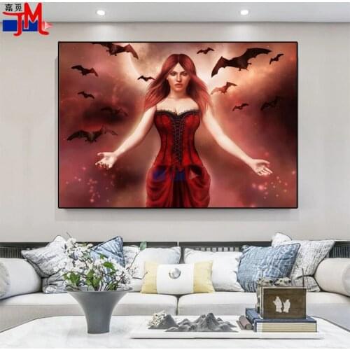 5D Diy Diamond Painting Vampire Girl Witch Diamond Mosaic Fantasy Woman Bat Needlework Embroidery Cross Stitch Rhinestone Decor