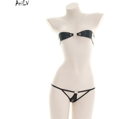 AniLV Summer Beach PU Leather Metal Ring Bikini Swimsuit Costume Punk Cool Girl Black Swimwear Pool Party Cosplay