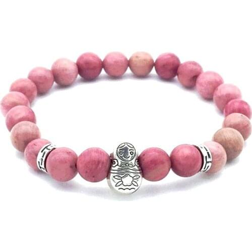 BEADZTALK Natural Pink Rhodonite Stone Bead Bracelet Russian Doll Matryoshka Bead Bangle Woman Sytle Bangle Gift