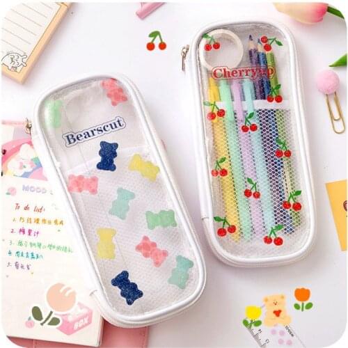 PVC Cherry Pink Pencil Case Student Stationery Transparent Pencil Bag Cute Large Capacity Canvas Storage Bag School Supplies