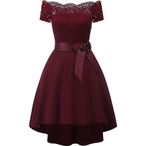 Elegant short sleeve slash neck patchwork bow lace dress women casual evening party midi dress work office formal vintage dress