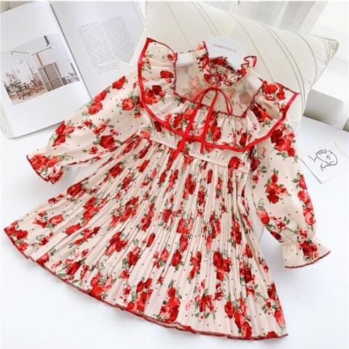 Girls Elegant Rose Dresses Spring Autumn Kids Chiffon Floral Pleated Princess Dress 3-7Y vestidos Children Fashion Clothes