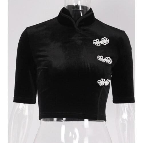 Summer Women T-Shirt Short Cheongsam Shirt Slim Chinese Style Top 2019 New Chinese Button Black Shirt Top Female