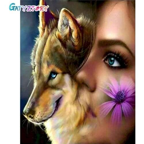 GATYZTORY 60x75cm Frame Diy Oil Painting By Bumbers Kits Wolf with Woman By numbers For Adults Home Decors Acrylic Paint