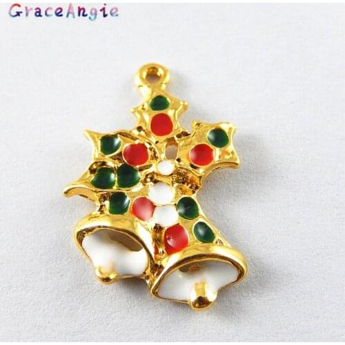 GraceAngie 10PCS Gold Christmas Bells Modeling Enamel Charms Women Handmade Key Chain Pendant Decoration Festive DIY Jewelry